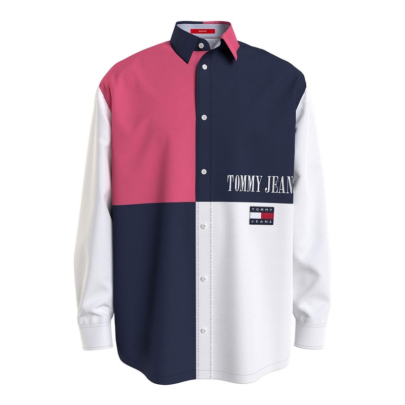 Tommy Jeans Archive Mens Colorblock Button down Shirt Navy Large