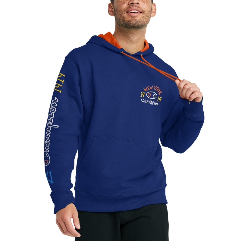 Champion Men's Powerblend Logo-Print Hoodie BLUE SMALL