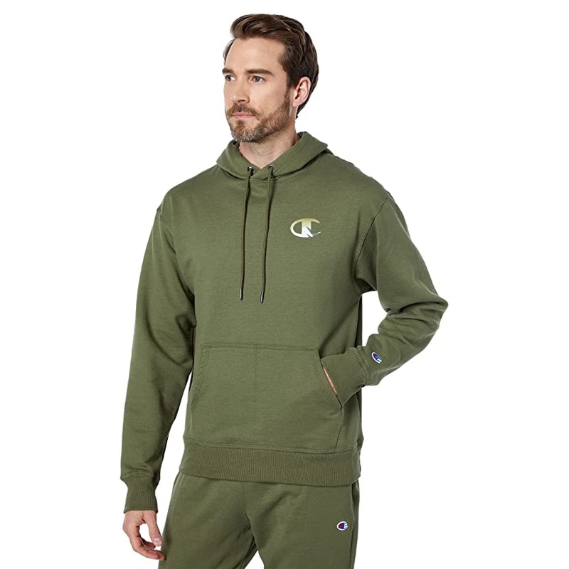 Champion Mens Powerblend Graphic Hoodie Olive Green Small