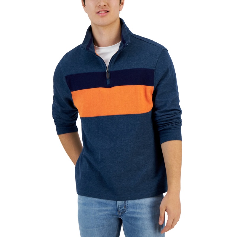 Club Room Men's Colorblocked French Rib Quarterzip Sweater  Blue Wing Small