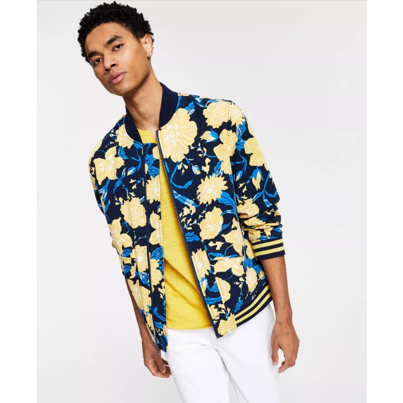 INC Men's Floral Print Zip Bomber Jacket BLUE Small