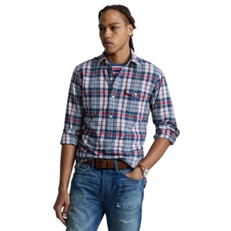 Polo Ralph Lauren Custom Fit Mens Madras Button Shirt Blue Red Large