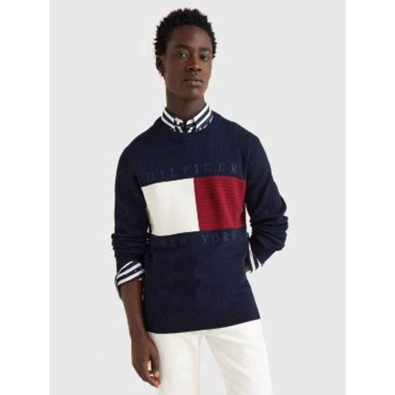 Tommy Hilfiger Men's Colorblock Crewneck Navy Sweater Large