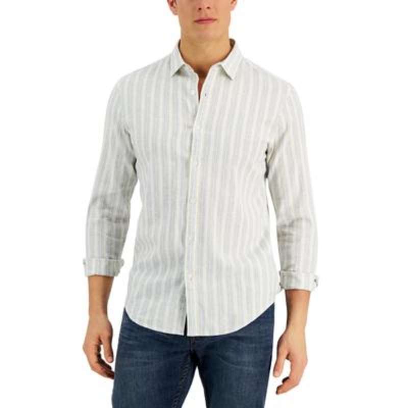 Alfani Men's Casual Stripe print Shirt Small Egret White