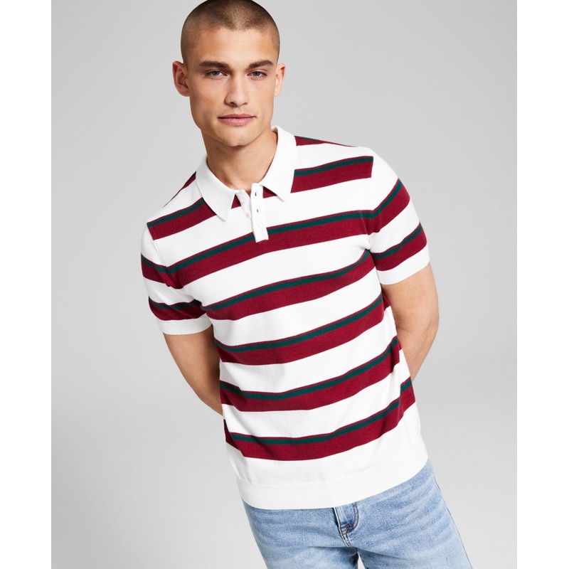 And Now This Men's Stripe print Polo Sweater  Red Now This Red