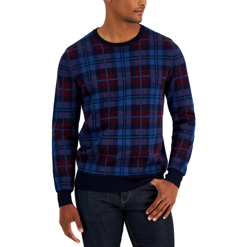 Club Room Men's Merino Plaid Sweater Navy Xxl