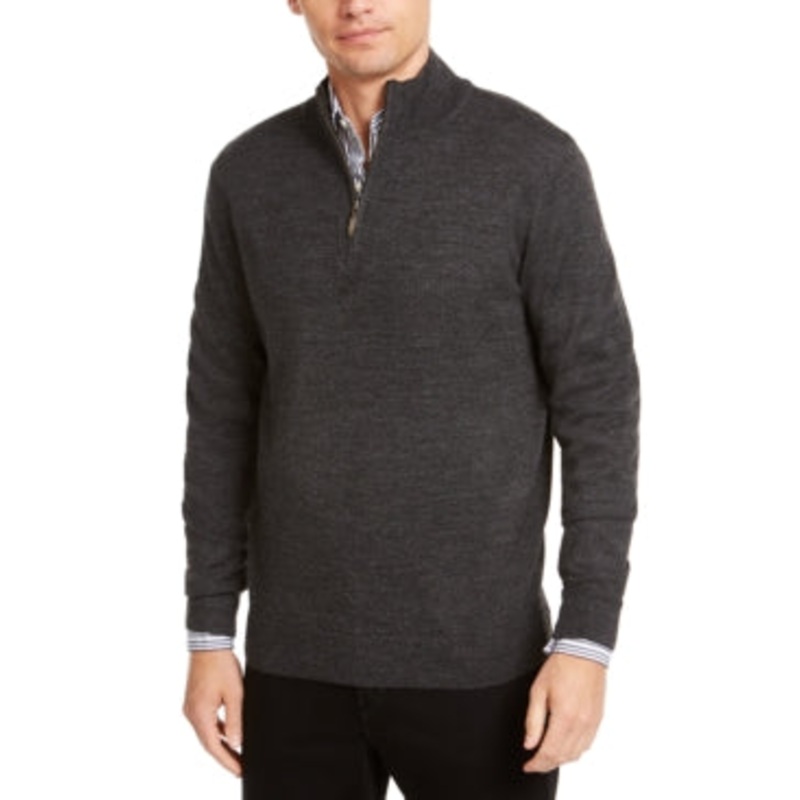 Club Room Men's Quarter Zip Merino Wool Sweater Large Charcoal Grey