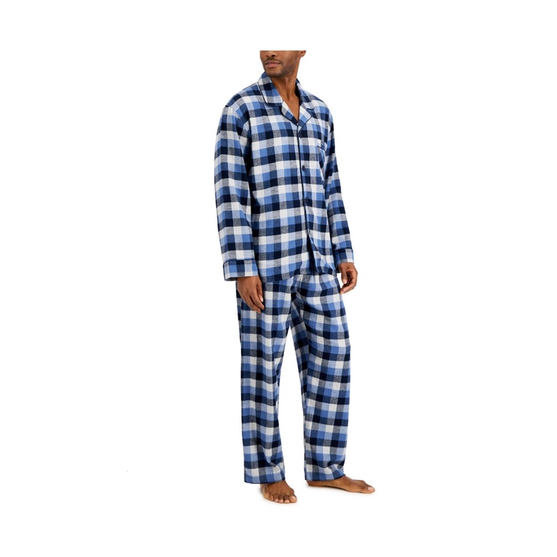 Hanes Men's Navy Flannel Plaid Pajama Set  Dark Blue  Large