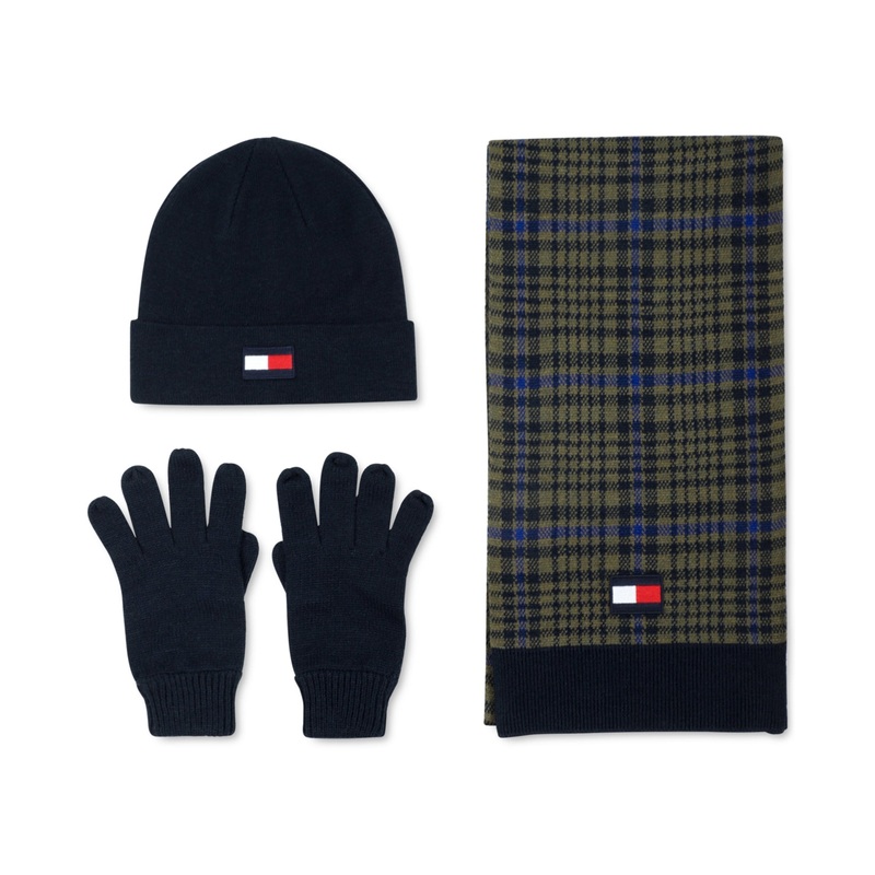 Tommy Hilfiger Men's Plaid Scarf Logo Beanie & Gloves Set  Dark Green