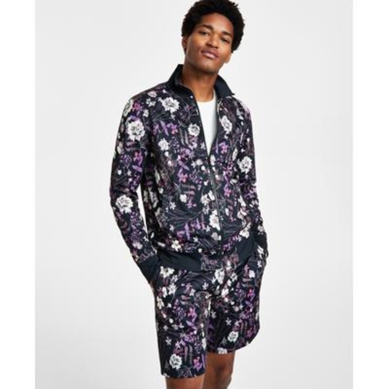 INC International Concepts Men's Classic fit Floral Print Zip front Jacket  Deep Black XL