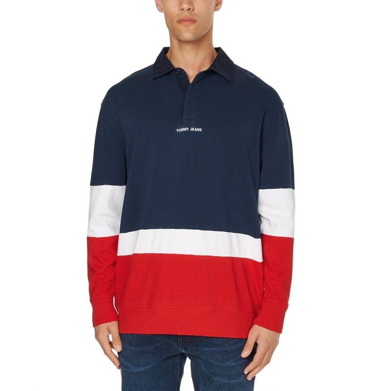 Tommy Jeans Mens Red Colorblock Polo Large