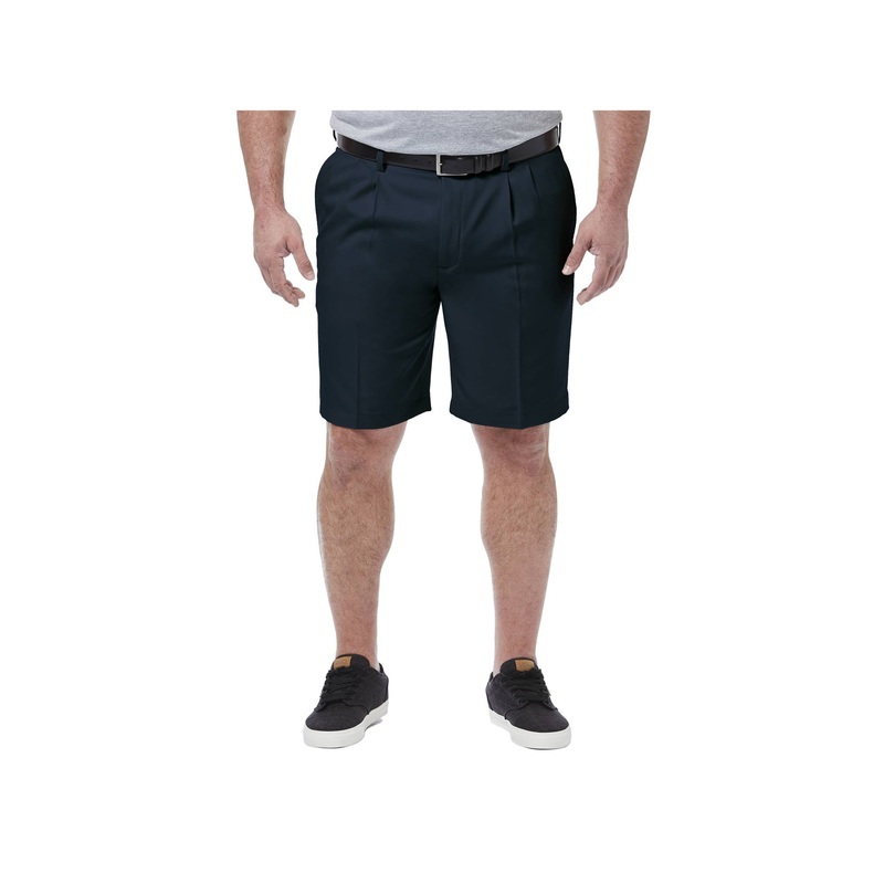 Haggar Mens Classic fit Pleated Khaki Shorts 44 / 9.5 Blue Solid Stretch