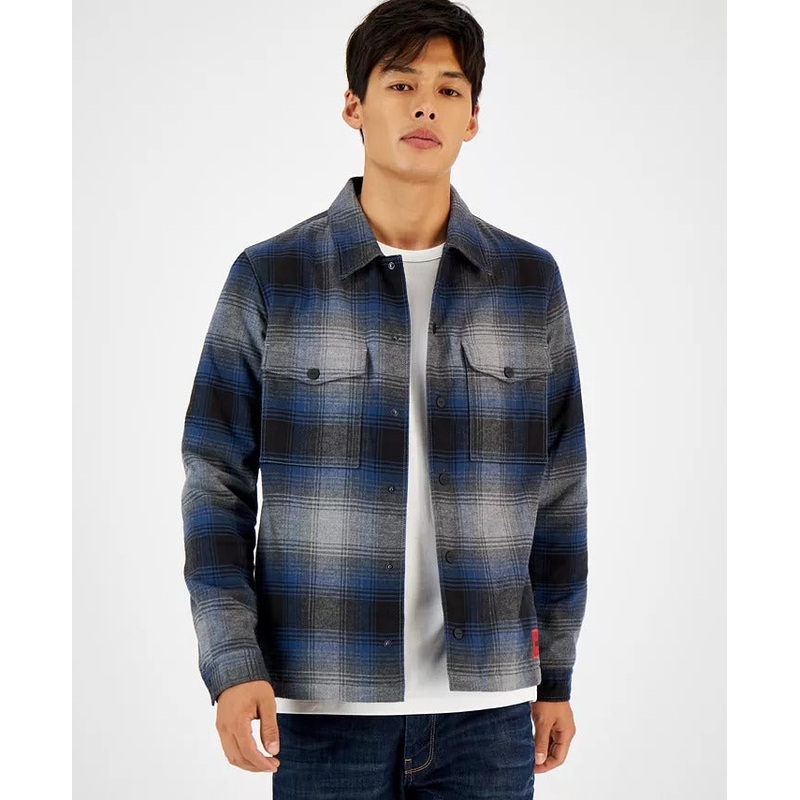 HUGO BY HUGO BOSS Men's Enalu Oversized Plaid Jacket Large Blue Grey