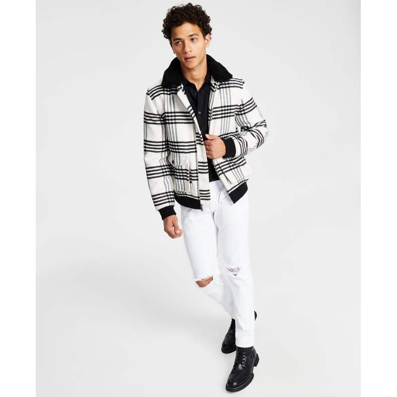 INC International Concepts Men's Loki Fleece Collar Zip front Plaid Jacket White Large