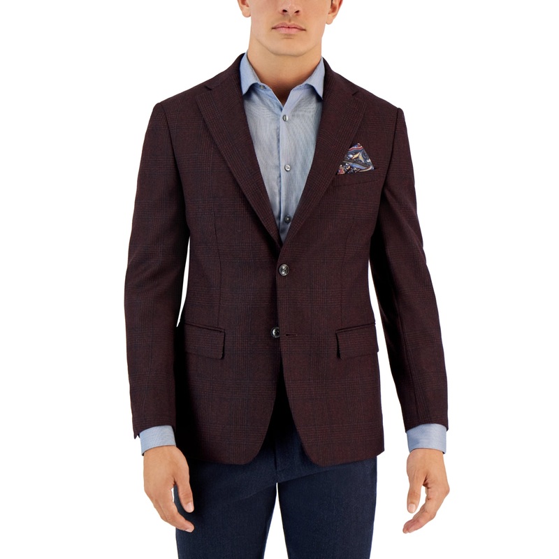 Tallia Men's Plaid Wool Blend Slim Fit 2 Button Blazer Burgundy Size 40 R