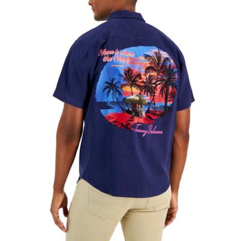 Tommy Bahama Mens Home Is Where The Hut Is Silk Shirt  Island Blue Medium