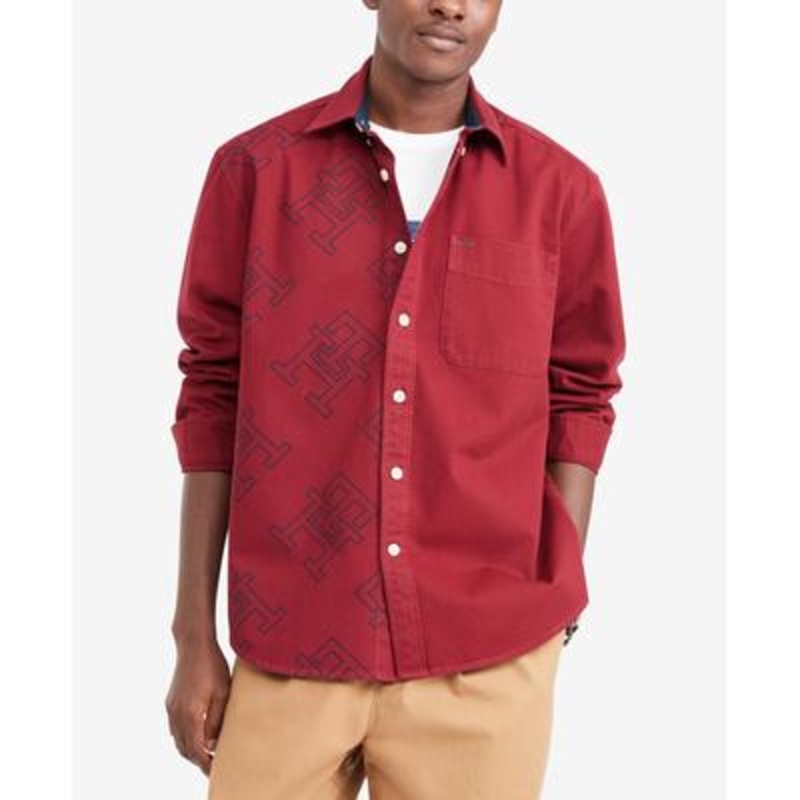 Tommy Hilfiger X Anthony Ramos Men's Monogram Button Down Shirt  Rouge Wine Small