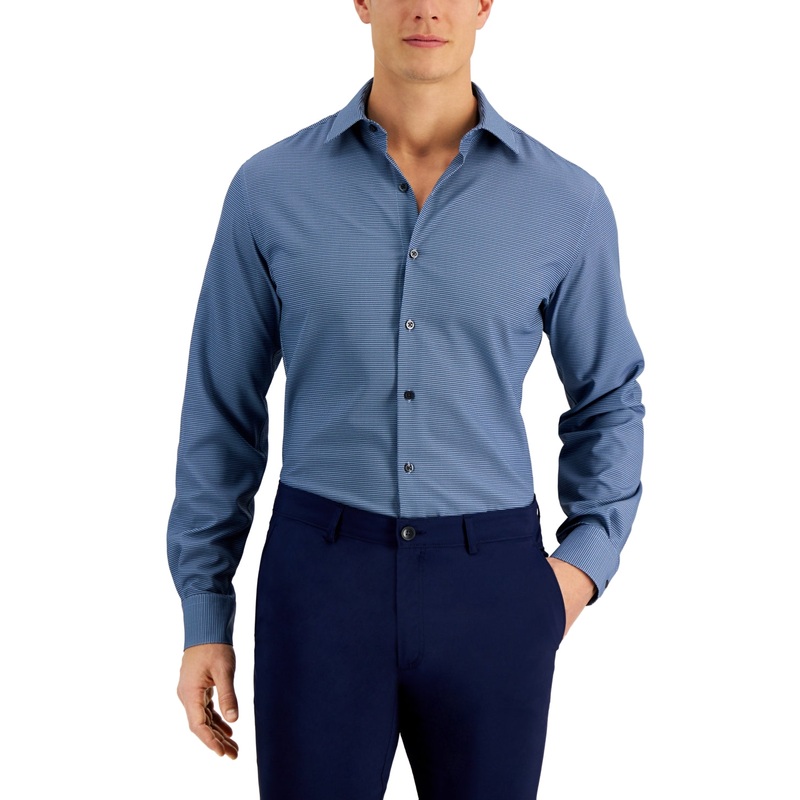 Alfani Men's Geo Print Slim Fit Dress Shirt Navy Blue 17-17 1/2 36-37
