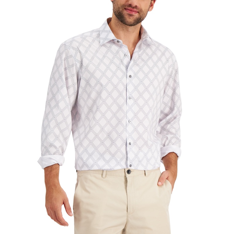 Alfani Men's Regular Fit Recycled Stretch Dress Shirt, White/Black, Size L