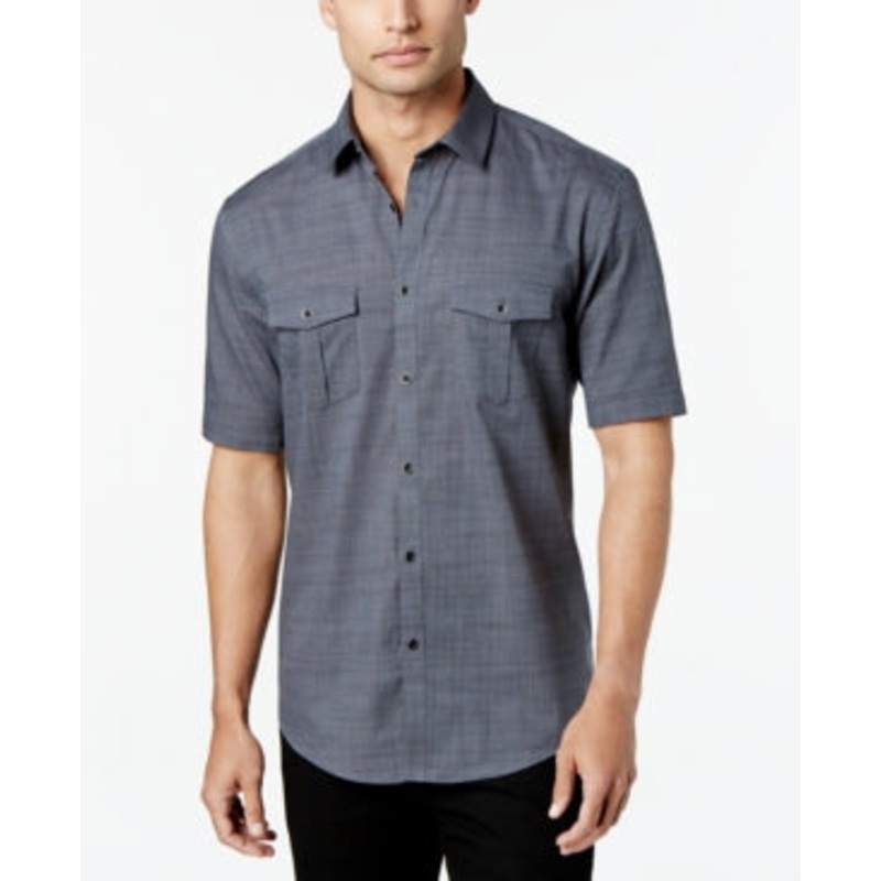Alfani Mens Warren Textured Short Sleeve Button Down Shirt Gray 2XL