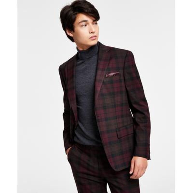 Bar III Men's Burgundy Plaid Suit Jacket Slim Fit Size 46R/M