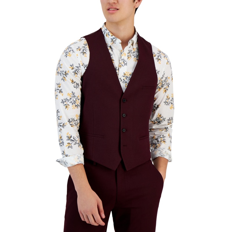 Bar III Men's Slim-Fit Burgundy Suit Vest Dark Red Large