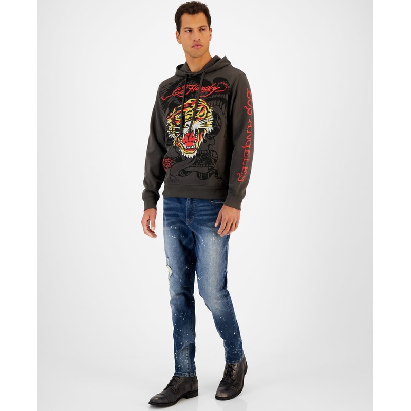 Ed Hardy Mens Relaxed Fit Cotton Hoodie Medium Grey LARGE