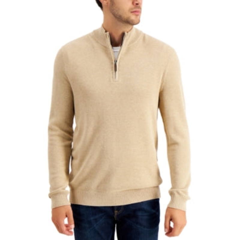 Mens Cotton Quarter Zip Pullover Sweater Club Room Beige XL