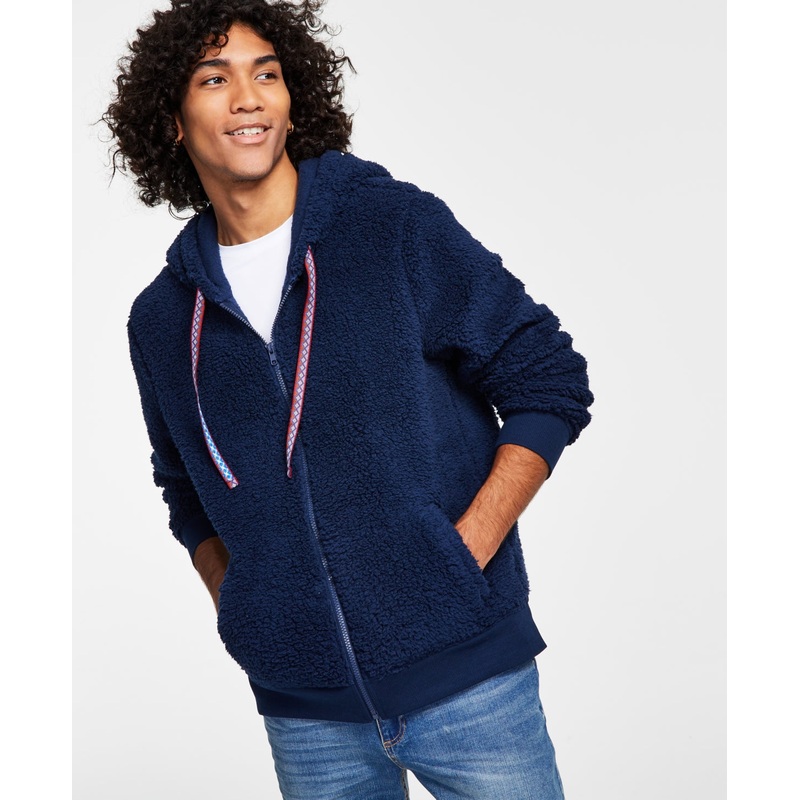 Sun + Stone Men's Full zip Sherpa Hoodie  Navy Size Large