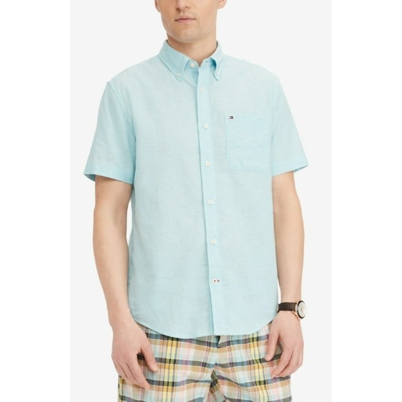 Tommy Hilfiger Men's Big & Tall Classic fit Textured Shirt Bright Blue XLT Linen