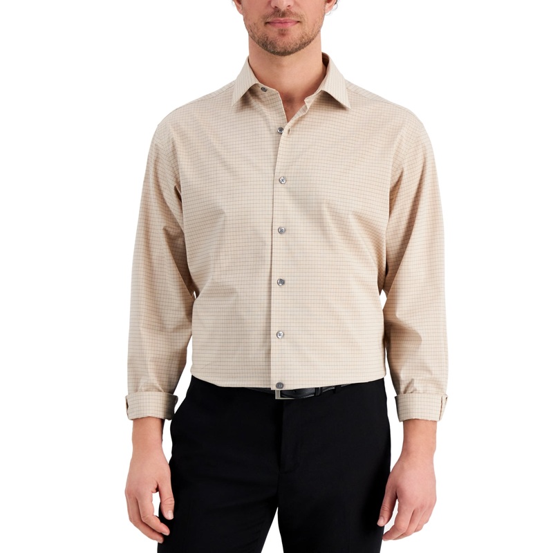Alfani Men's Regular Fit Traveler Stretch Button Down Dress Shirt Beige