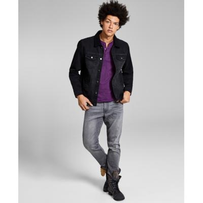And Now This Men's Fleece-Lined Denim Trucker Jacket Distressed Black LARGE