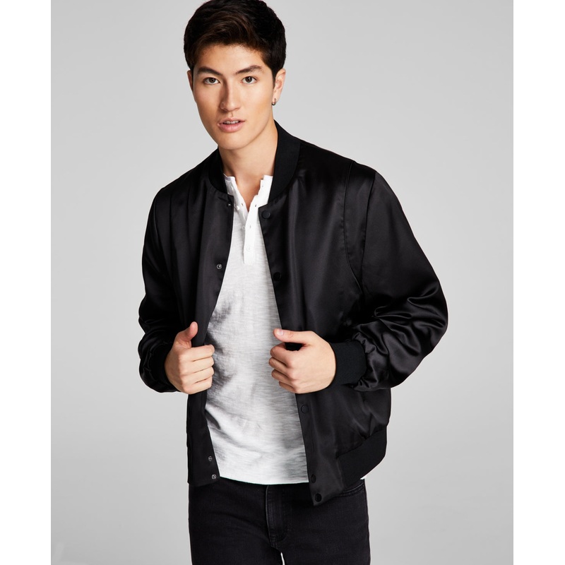 And Now This Men's Satin Bomber Jacket, Black Gray - Size Large