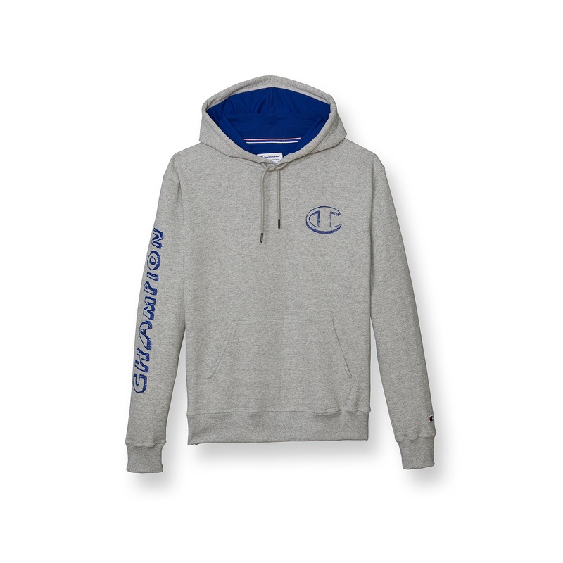 Champion Men's Powerblend Logoprint Fleece Hoodie Xxl Oxford Grey/Valiant Blue