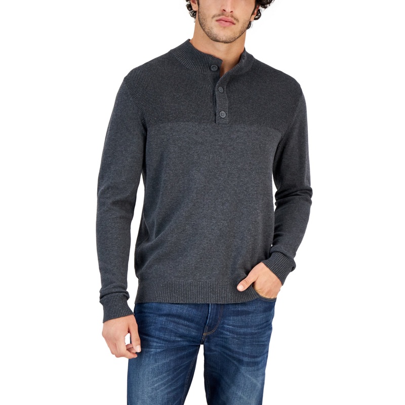 Men's Mock Neck Henley Pullover Sweater Club Room Dark Gray Ium