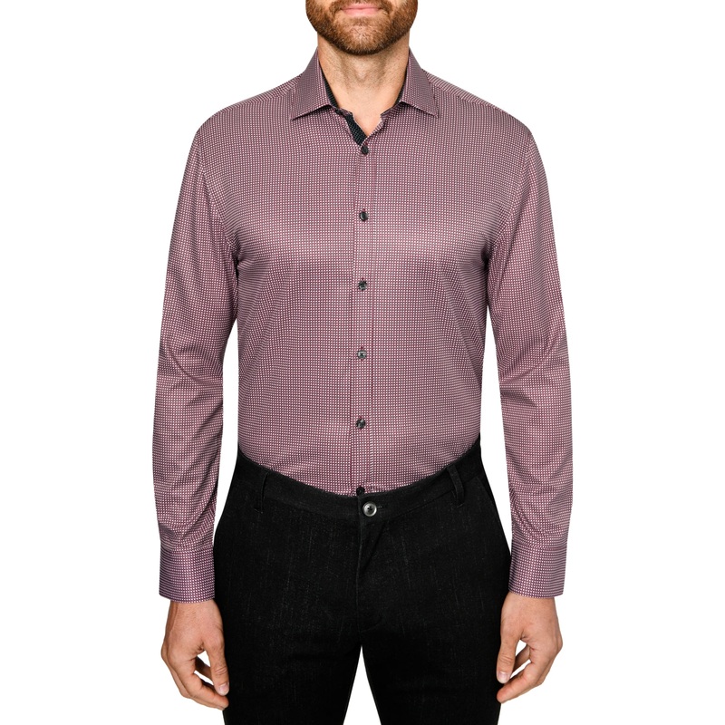 Society of Threads Men's Performance Stretch Circle Print Dress Shirt Burgundy Large