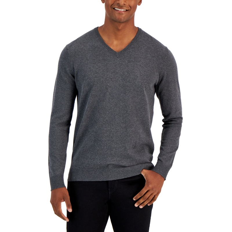Alfani Men's Solid V-neck Sweater Charcoal Heather Xl