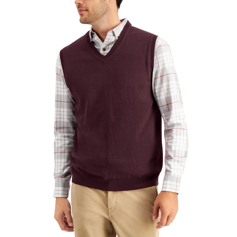 Club Room Men's Solid Vneck Sweater Vest  Dark Red 2XL