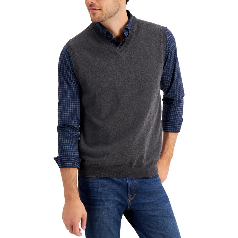 Club Room Mens Solid Vneck Sweater Vest  Charcoal Gray Medium