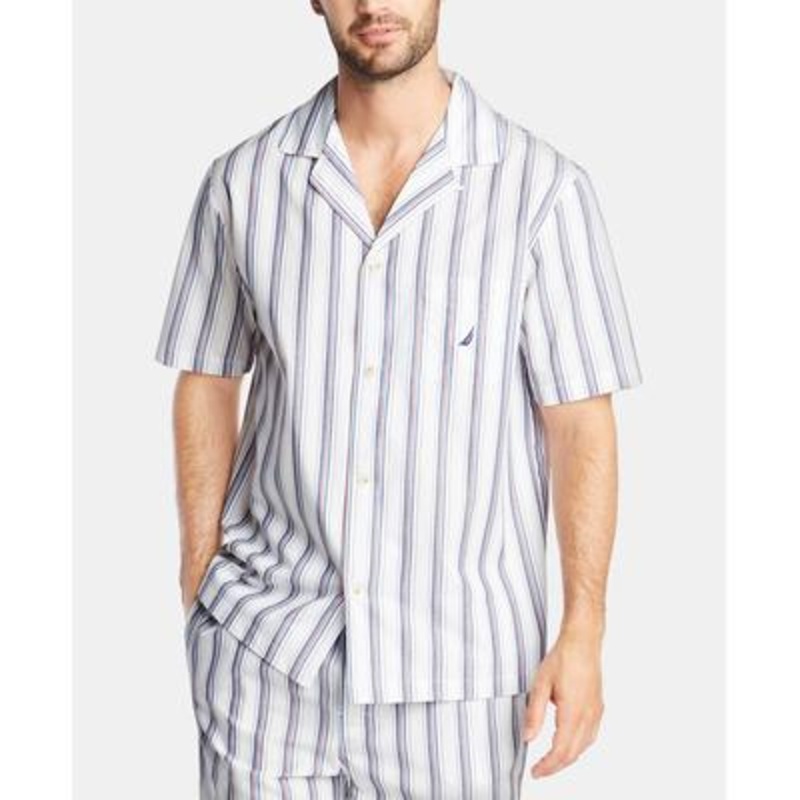 Nautica Mens Cotton Striped Pajama Shirt White Large