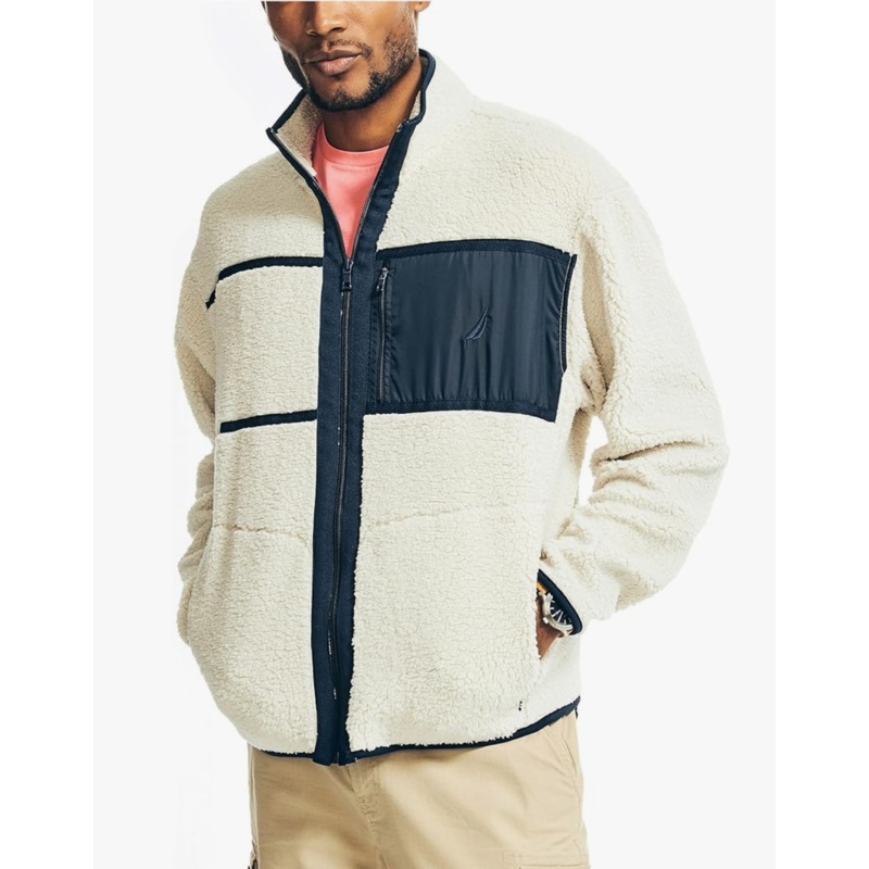 Nautica Sustainably Crafted Faux Shearling Fullzip Mens Sweatshirt White MEDIUM