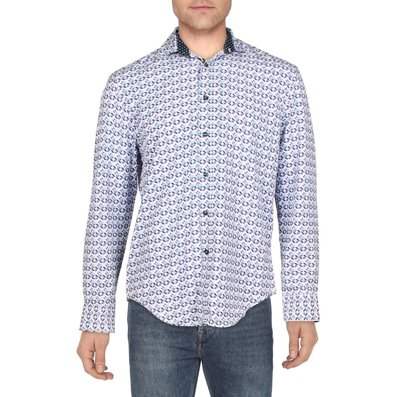 Society of Threads Men's Geometric Purple Collared Shirt  Size Medium