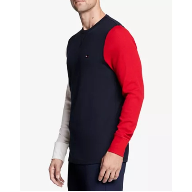 TOMMY HILFIGER Men's Colorblocked Waffle-Knit Long-Sleeve Crewneck T Shirt LARGE