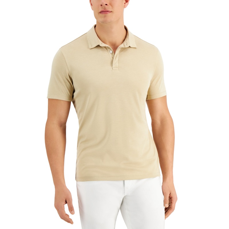 Alfani Alfatech Stretch Solid Polo Shirt  Pale Khaki  Large