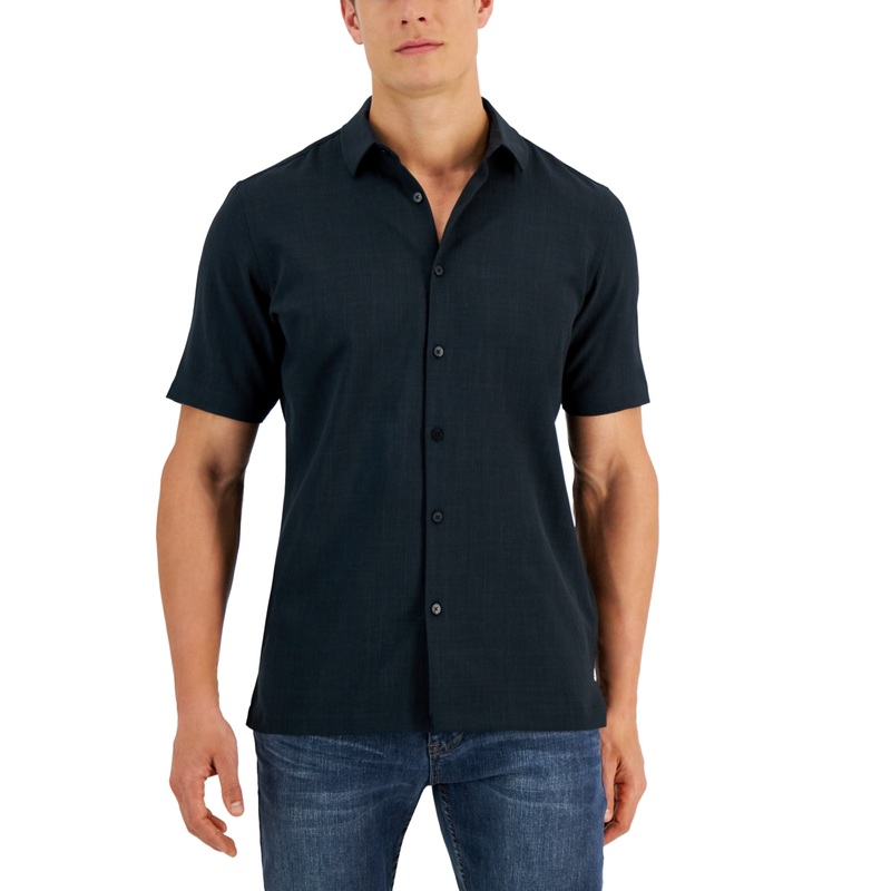 Alfani Men's Solid Short Sleeve Button Down Shirt Black Large