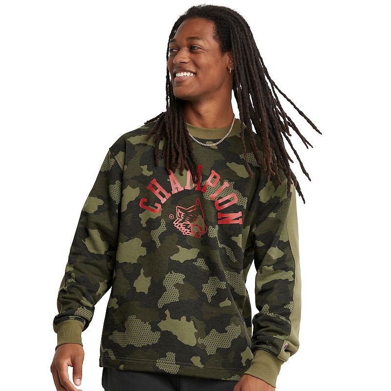 Champion Mens Urban Pursuit Fleece Crew Camo Green Sweatshirt Large