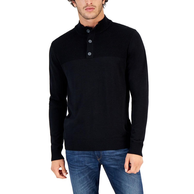 Club Room Men's Button Mock Neck Sweater Deep Black Xl