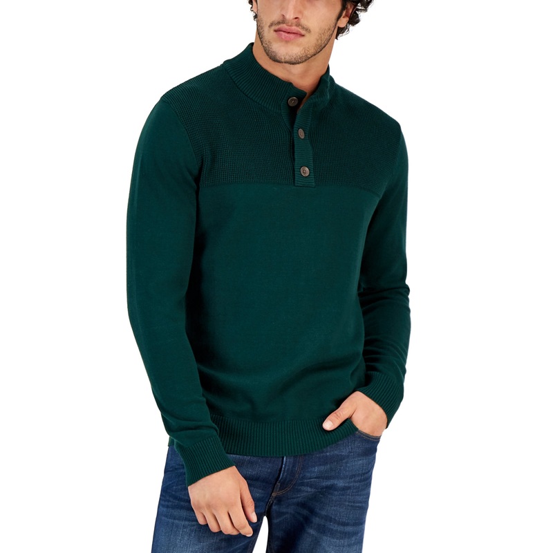 Club Room Men's Dark Green XL Button Mock Neck Sweater