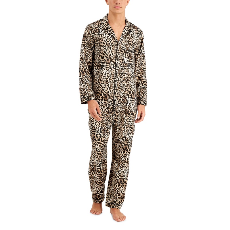 International Concepts Men's Cheetah Print Satin Pajamas Beige khaki Medium