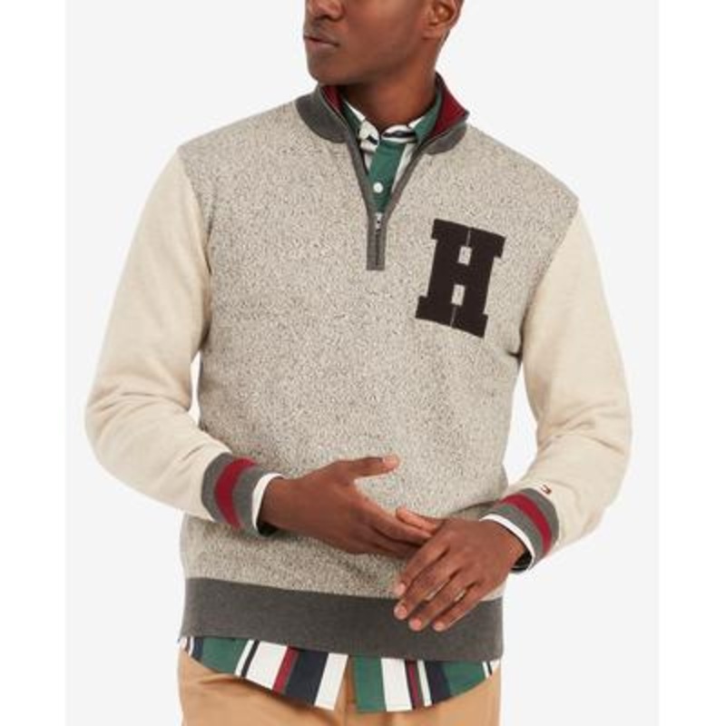 Tommy Hilfiger Men's Beige 3XL Varsity Quarter zip Sweater